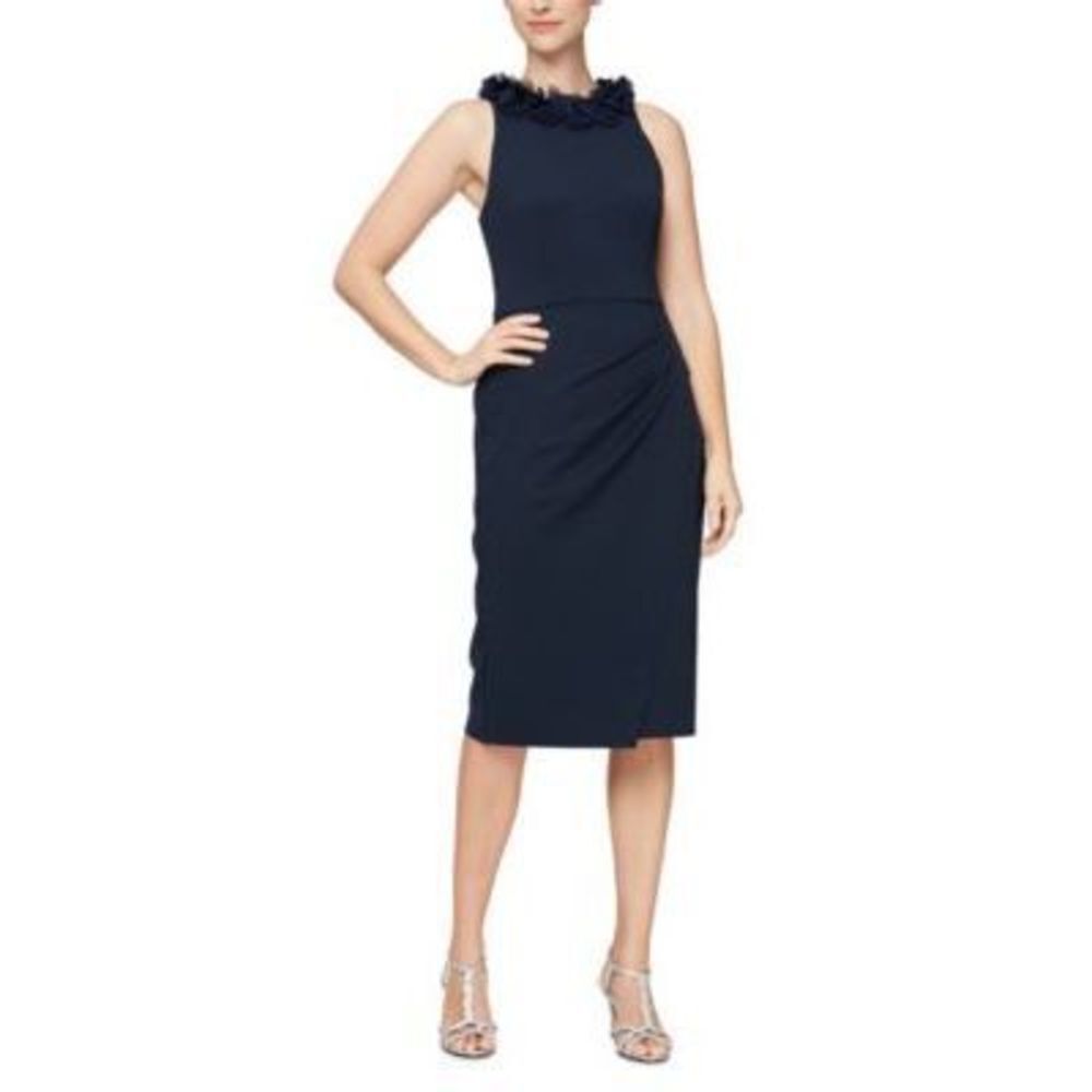 Alex & Eve Floral-Neck Blue Sheath Dress 10